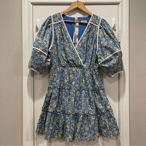Just Me Mini Dress Women’s Medium Blue Dainty Floral Back Ties Tiered Cotton